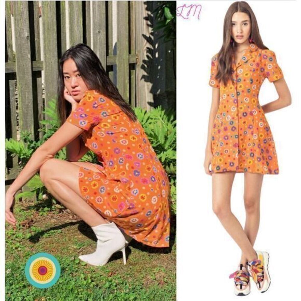LHD Clemenceau Shirt Dress Silk Crepe De Chine Orange‎ Floral Print 8 Retro